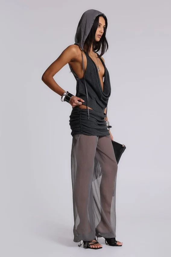 Lurien Backless Hooded Chiffon Knit Top