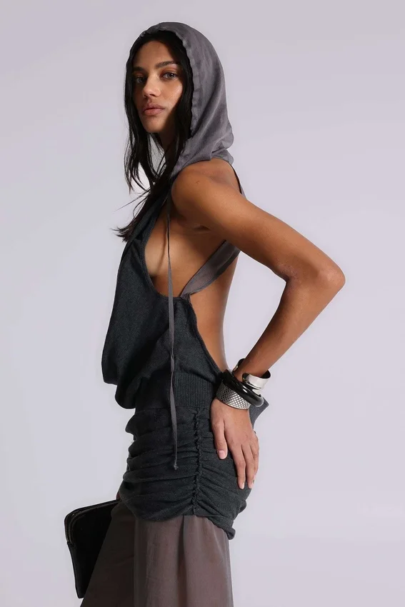Lurien Backless Hooded Chiffon Knit Top