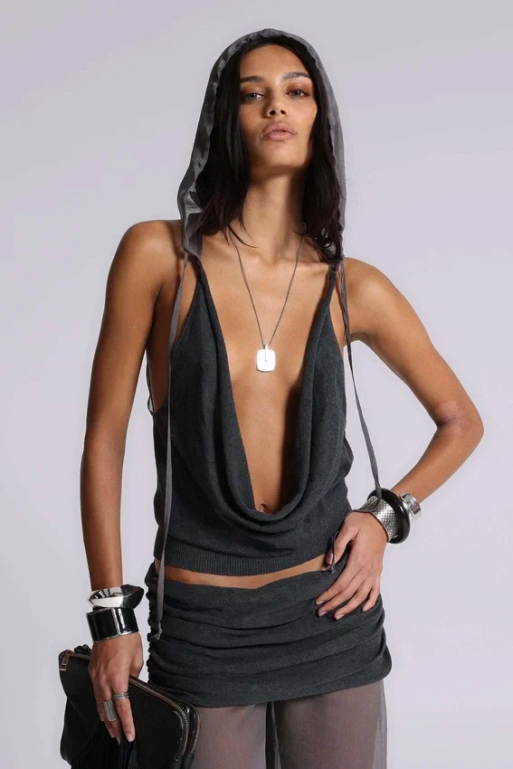 Lurien Backless Hooded Chiffon Knit Top
