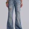 Mid Blue Distressed Creased Drift Flared Jeans