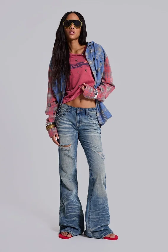 Mid Blue Distressed Creased Drift Flared Jeans