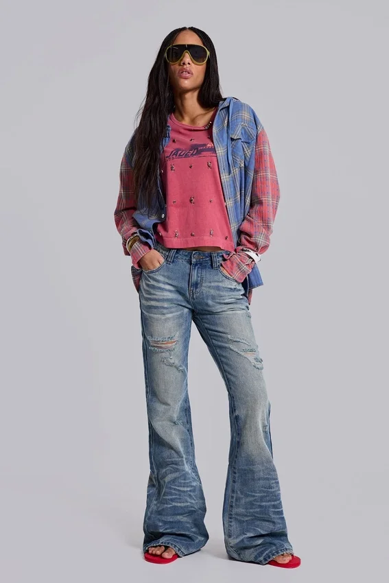 Mid Blue Distressed Creased Drift Flared Jeans