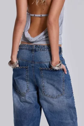Nailed Studded Colossus Jeans in Mid Blue Wash