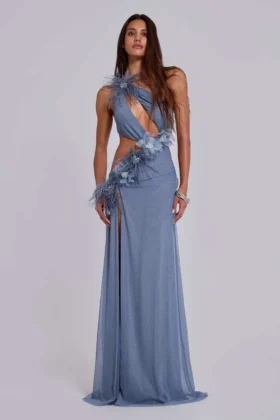 Noctelle Cut Out Maxi Dress with Feathers