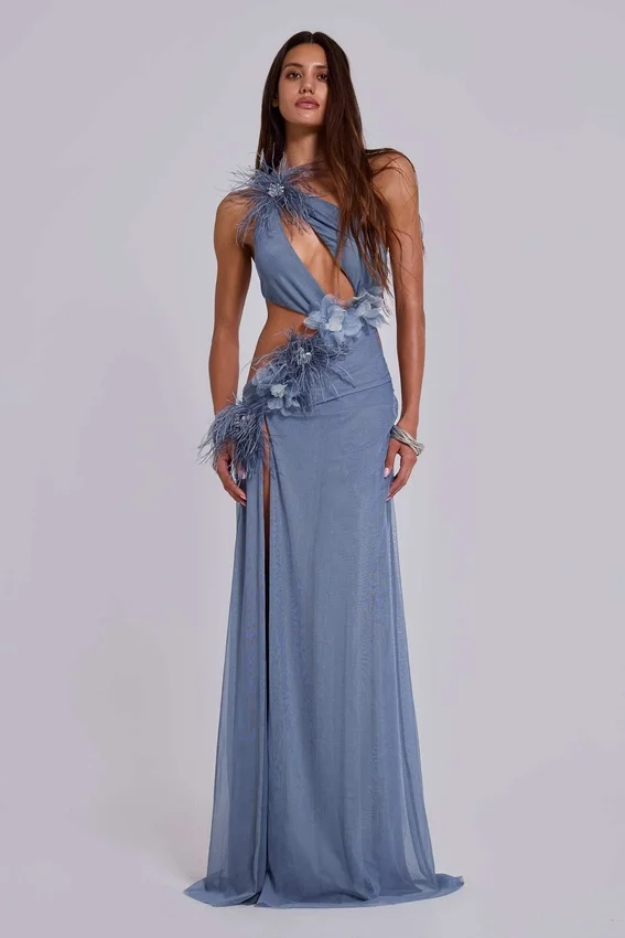 Noctelle Cut Out Maxi Dress with Feathers