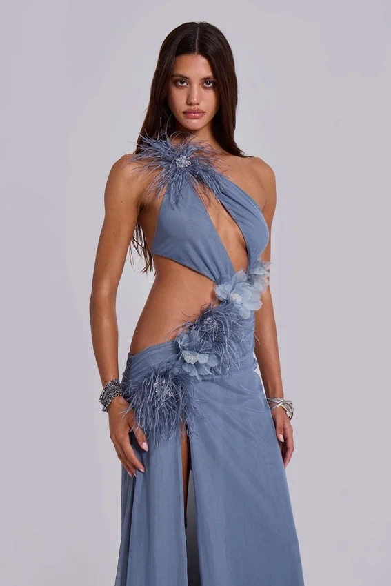 Noctelle Cut Out Maxi Dress with Feathers
