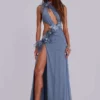 Noctelle Cut Out Maxi Dress with Feathers