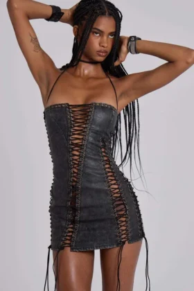 Odile Black Faux Leather Lace Up Mini Dress
