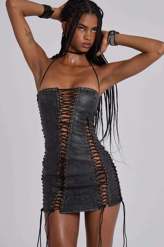 Odile Black Faux Leather Lace Up Mini Dress