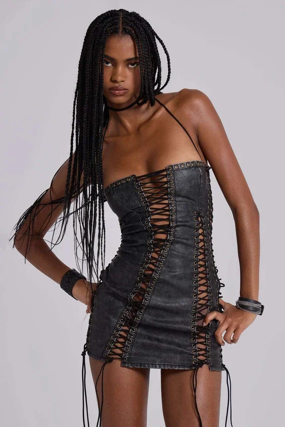 Odile Black Faux Leather Lace Up Mini Dress