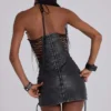Odile Black Faux Leather Lace Up Mini Dress