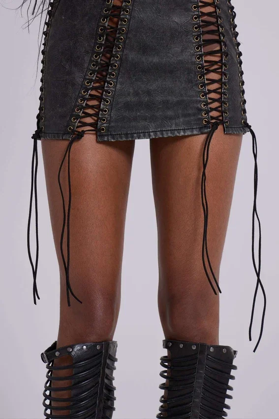 Odile Black Faux Leather Lace Up Mini Dress