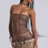 Odile Brown Faux Leather Lace Up Corset