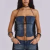 Odile Denim Fringe Lace Up Corset