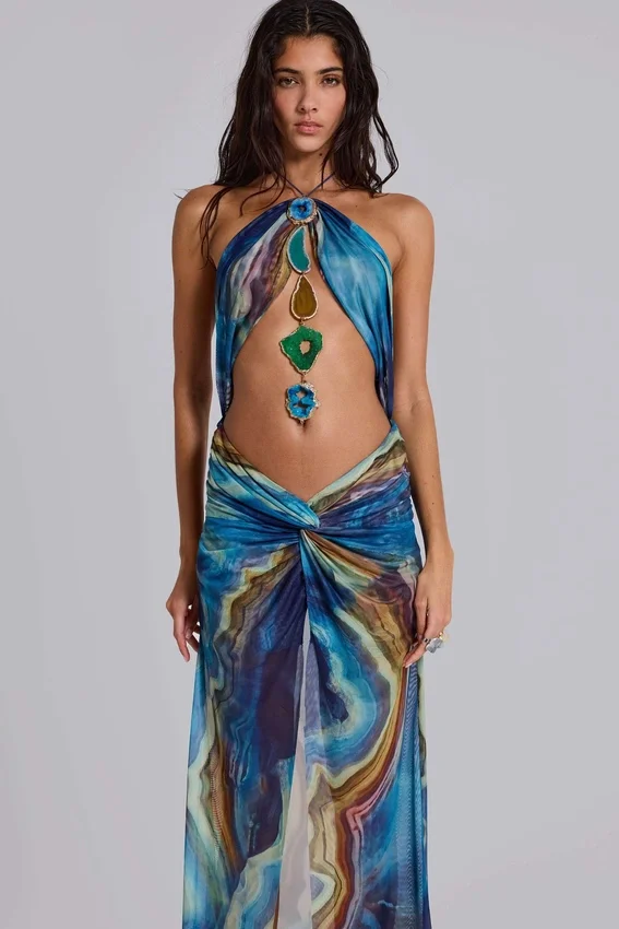 Quartz Halter Maxi Dress with Crystals