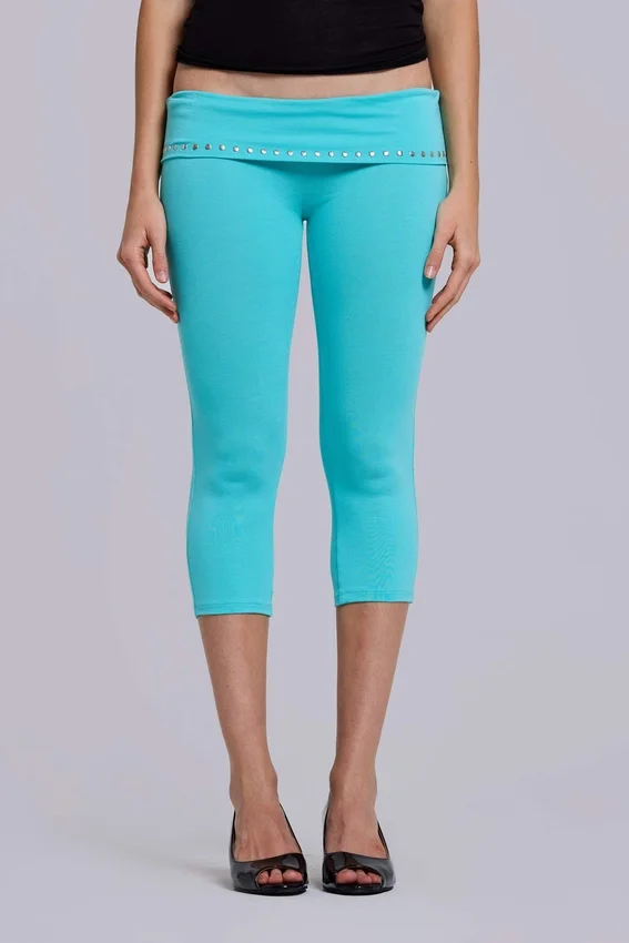 Quinn Studded Jersey Capri in Turquoise