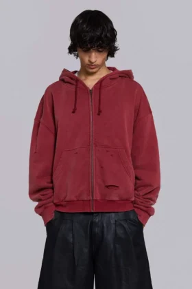 Red Sun Faded Waffle Lined Zip Hoodie