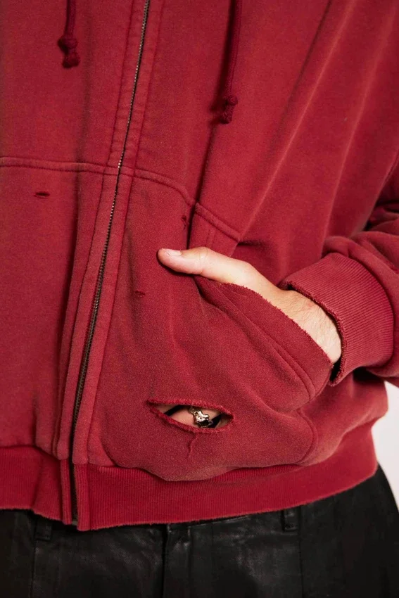 Red Sun Faded Waffle Lined Zip Hoodie