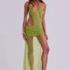 Stellar Asymmetric Hand Beaded Maxi Dress in Lime