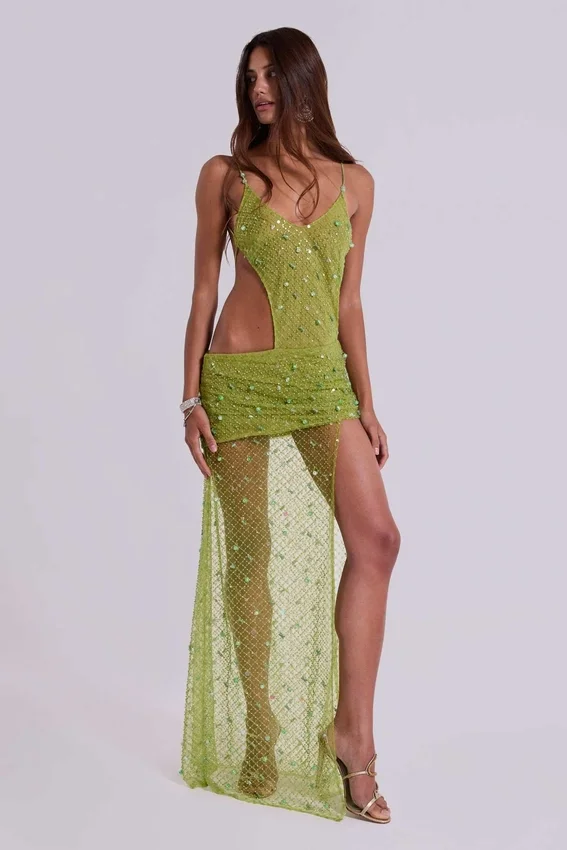 Stellar Asymmetric Hand Beaded Maxi Dress in Lime