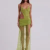 Stellar Asymmetric Hand Beaded Maxi Dress in Lime
