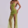Stellar Asymmetric Hand Beaded Maxi Dress in Lime