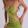 Stellar Asymmetric Hand Beaded Maxi Dress in Lime