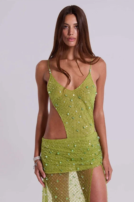 Stellar Asymmetric Hand Beaded Maxi Dress in Lime