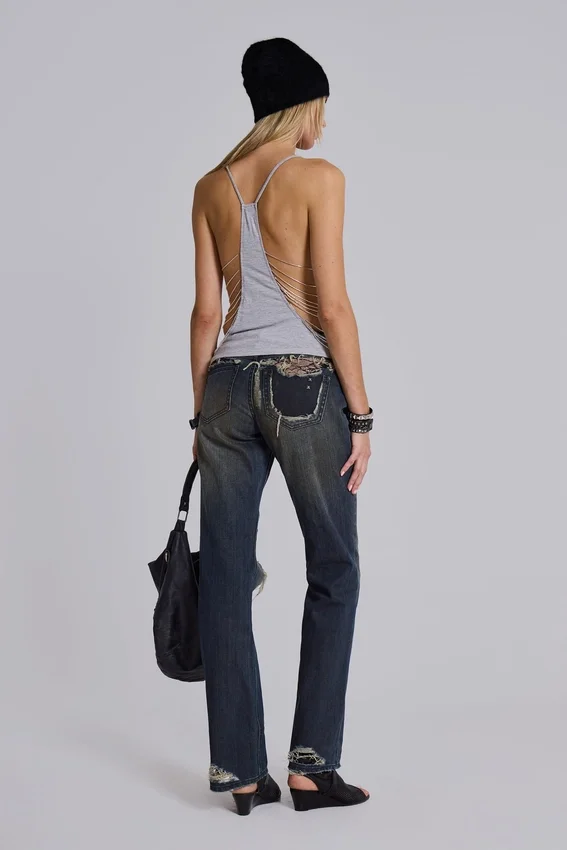 Tori Distressed Lace Low Rise Bootcut Jeans