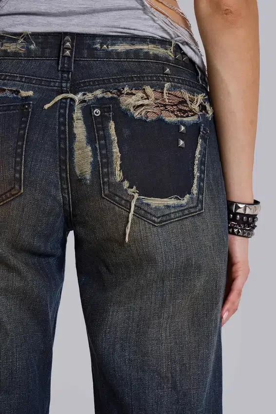 Tori Distressed Lace Low Rise Bootcut Jeans