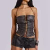 Vaca Whipstitch Faux Leather Mini Shorts in Black