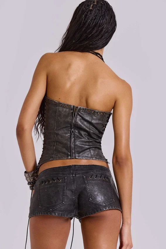 Vaca Whipstitch Faux Leather Mini Shorts in Black