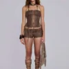 Vaca Whipstitch Faux Leather Mini Shorts in Brown