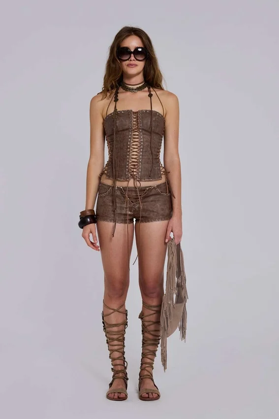 Vaca Whipstitch Faux Leather Mini Shorts in Brown