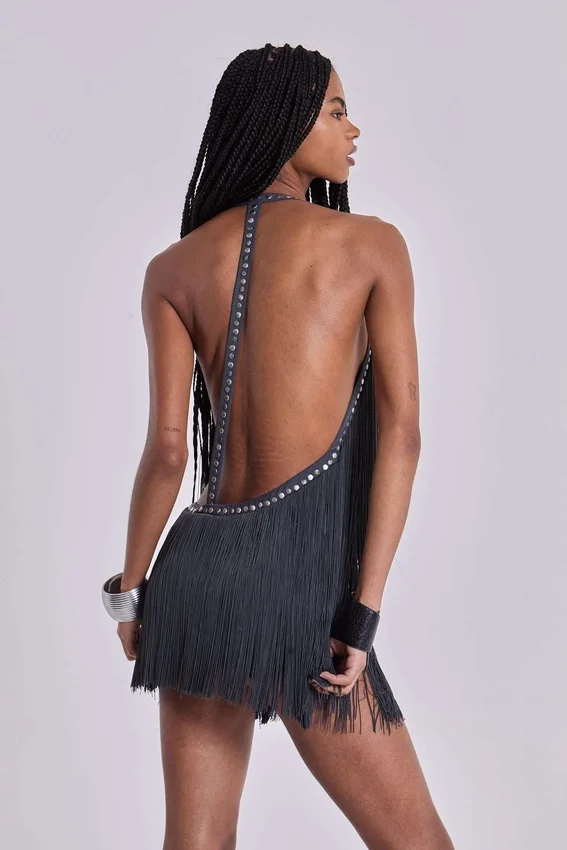 Vadra Backless Fringe Mini Dress