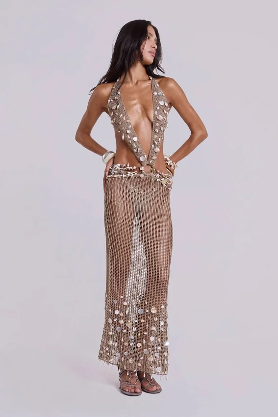 Vida Backless Crochet Maxi Dress with Shells