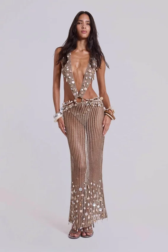 Vida Backless Crochet Maxi Dress with Shells