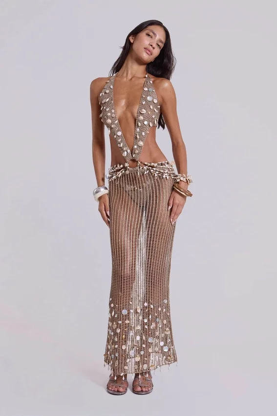 Vida Backless Crochet Maxi Dress with Shells