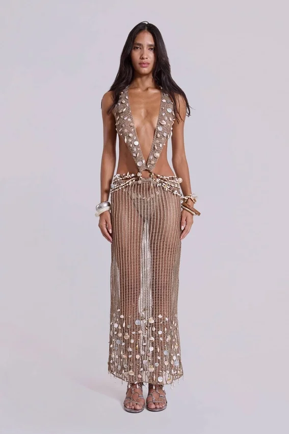 Vida Backless Crochet Maxi Dress with Shells