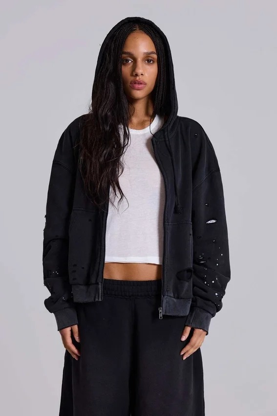 Washed Black Sun Faded Waffle Lined Zip Hoodie