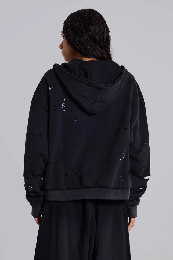Washed Black Sun Faded Waffle Lined Zip Hoodie