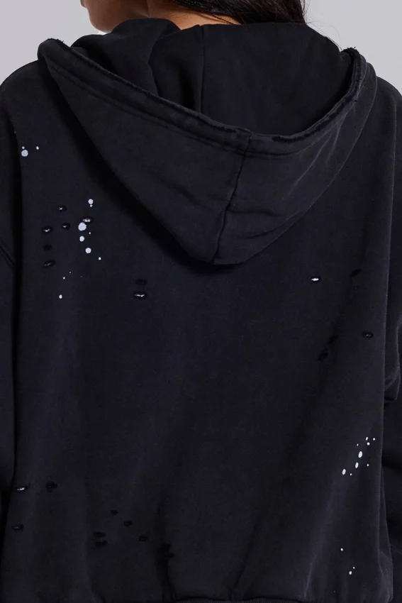 Washed Black Sun Faded Waffle Lined Zip Hoodie