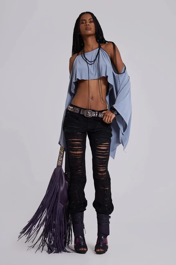 Zain Shredded Bootcut Jeans in Black