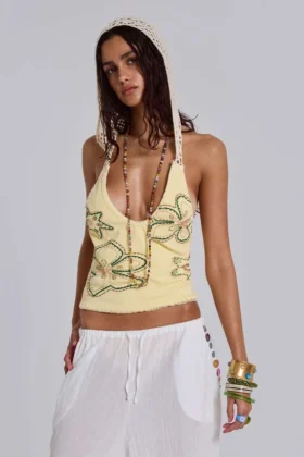 Zelya Beaded Crochet Halter Top